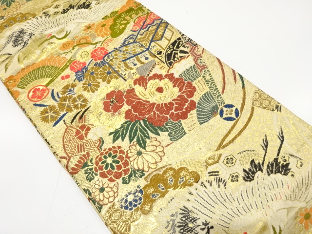 アンティーク　桧扇に御所車・鶴・草花模様織り出し丸帯（材料）